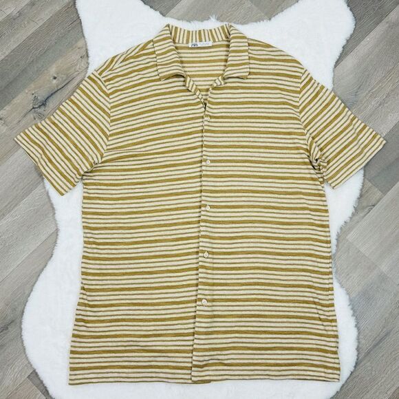 Zara Striped Cotton Linen Knit Button Up T Shirt Tan Large Short Sleeve Camp - Picture 5 of 12
